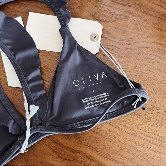 DARK GREY NWT RUFFLE TRIMMED BIKINI TOP - Picture 2 of 8